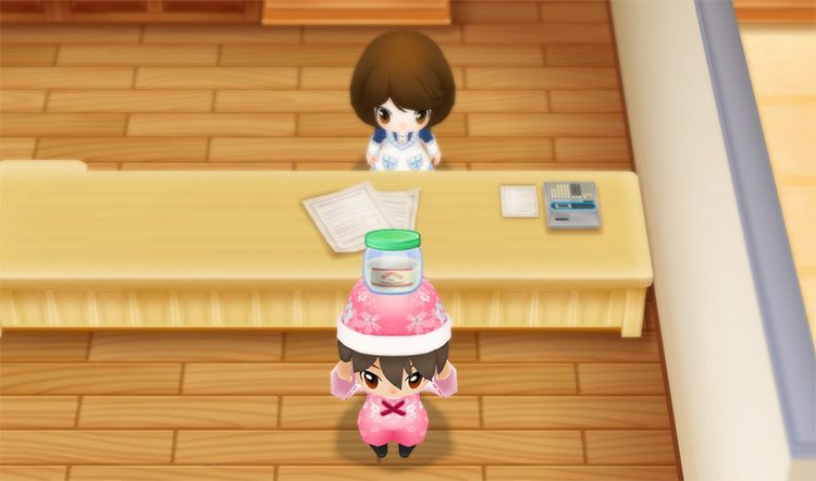 The farmer buys Caffeine from Elly at the Clinic. / Story of Seasons: Friends of Mineral Town
