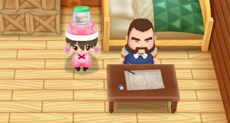 The farmer stands next to Gotts while holding a bottle of Caffeine. / Story of Seasons: Friends of Mineral Town