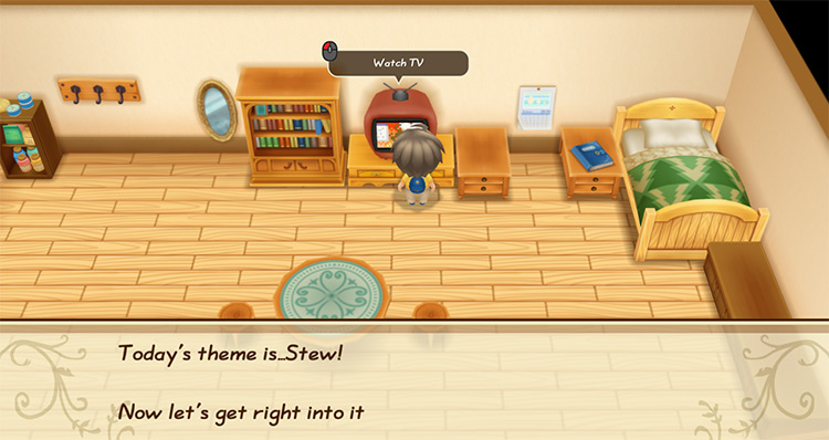 The farmer watches the first episode of the Tasty Time TV Show. / Story of Seasons: Friends of Mineral Town