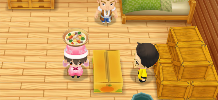 The farmer stands in front of Huang’s counter while holding a bowl of Stew. / Story of Seasons: Friends of Mineral Town
