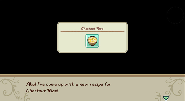 The farmer gets inspired to cook Chestnut Rice while in the kitchen. / Story of Seasons: Friends of Mineral Town