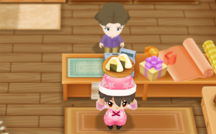 The farmer buys Onigiri from Jeff at the General Store. / Story of Seasons: Friends of Mineral Town