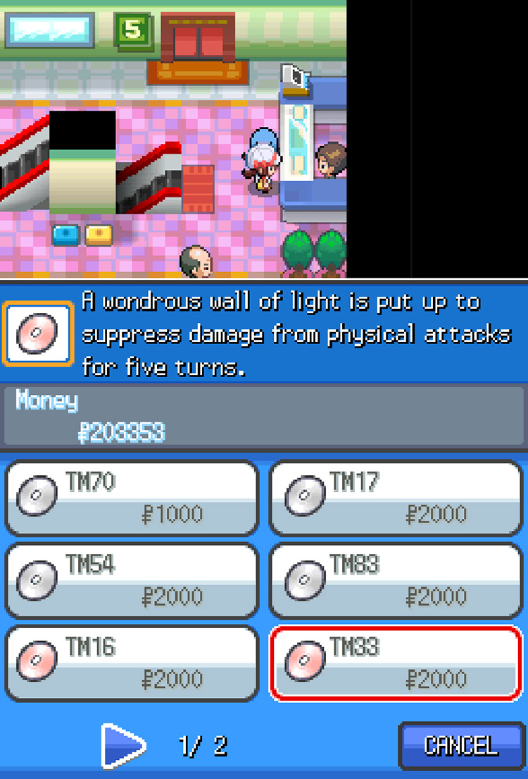 The set of TMs for sale at the Goldenrod Department Store, with a red highlight around TM33 Reflect / Pokemon HGSS