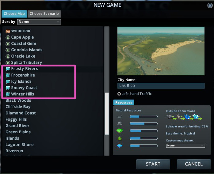 The Snowfall winter maps in the New Game menu. / Cities: Skylines