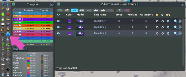 You can manage your tram lines from the Transport panel. / Cities: Skylines
