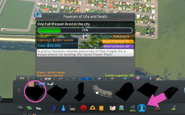 Fountain of Life and Death in Unique Buildings menu / Cities: Skylines