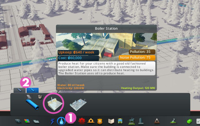 The boiler station in the build menu. / Cities: Skylines