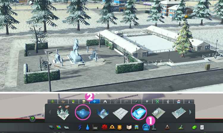 The Ice Sculpture Park (left) and Skating Rink. / Cities: Skylines