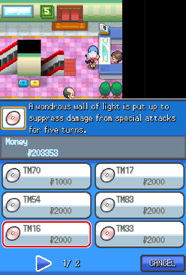 The set of TMs for sale at the Goldenrod Department Store, with a red highlight around TM16 Light Screen / Pokemon HGSS