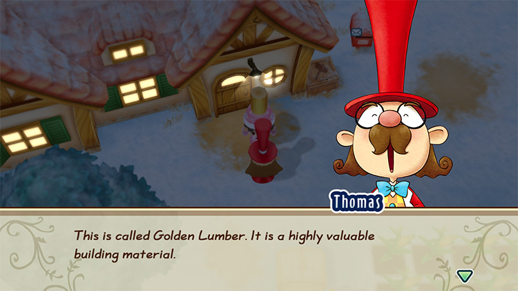 The farmer receives Golden Lumber from Mayor Thomas. / Story of Seasons: Friends of Mineral Town