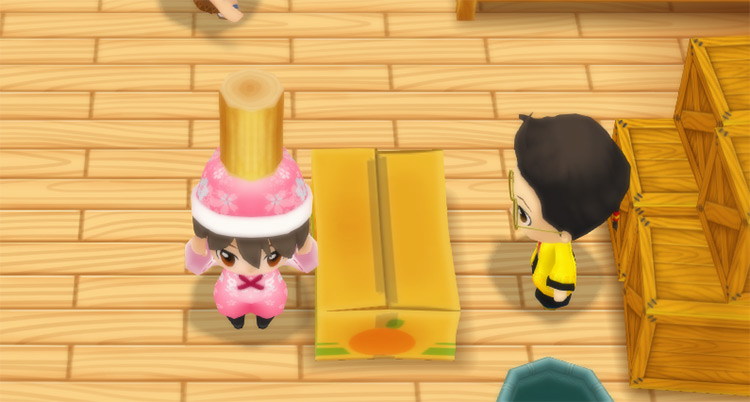 The farmer stands in front of Huang’s counter while holding Golden Lumber. / Story of Seasons: Friends of Mineral Town