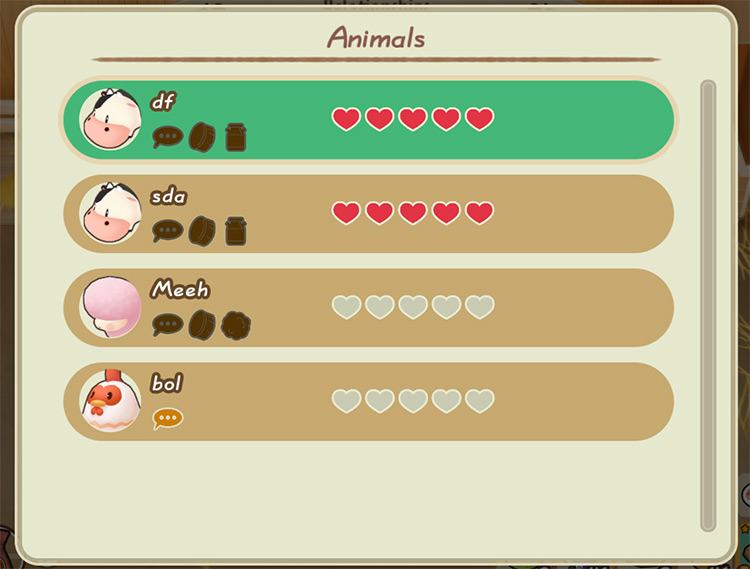 Interface of the Animal Relationships tab showing the farm animals’ heart levels. / Story of Seasons: Friends of Mineral Town