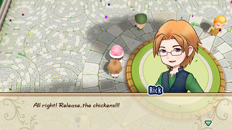 The farmer attends the Cluck Cluck Clash Festival in the town square. / Story of Seasons: Friends of Mineral Town