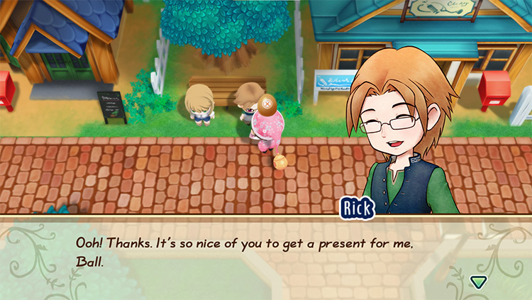 The farmer gives Rick an X Egg. / Story of Seasons: Friends of Mineral Town