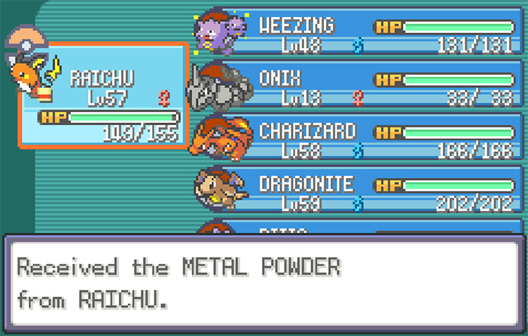 Taking the Metal Powder from Raichu after stealing it from Ditto with Thief / Pokémon FireRed and LeafGreen