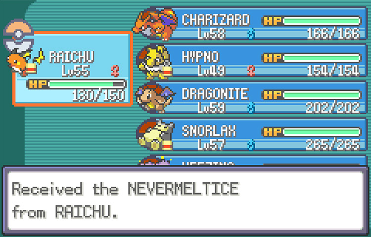 Taking the Never-Melt Ice from Raichu after stealing it from a Wild Dewgong with Thief / Pokémon FireRed and LeafGreen