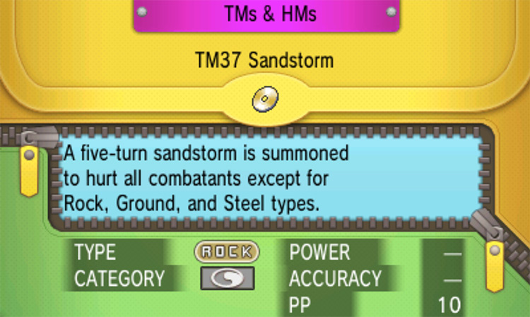 In-game details for TM37 Sandstorm / Pokémon Omega Ruby and Alpha Sapphire