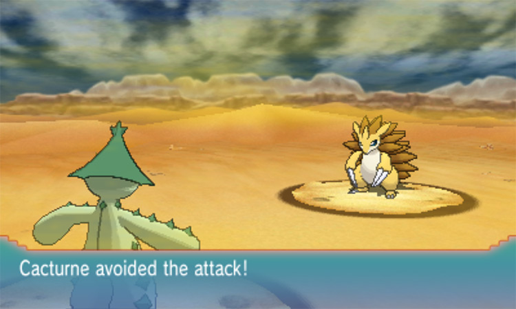 Cacturne’s Sand Veil increases its evasion during a sandstorm / Pokémon Omega Ruby and Alpha Sapphire