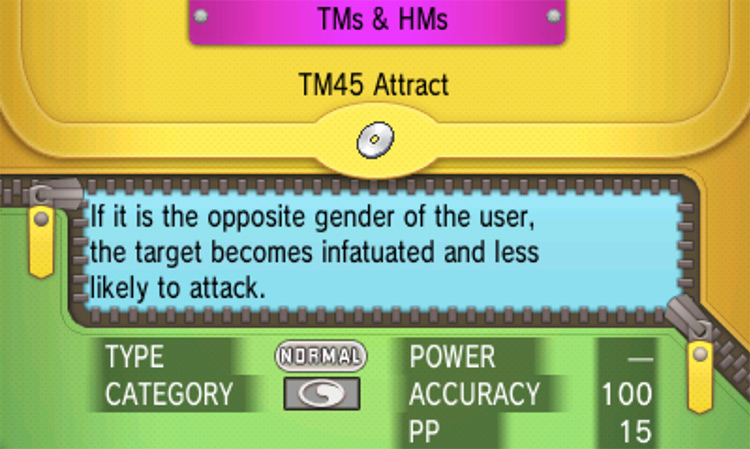In-game details for TM45 Attract / Pokémon Omega Ruby and Alpha Sapphire