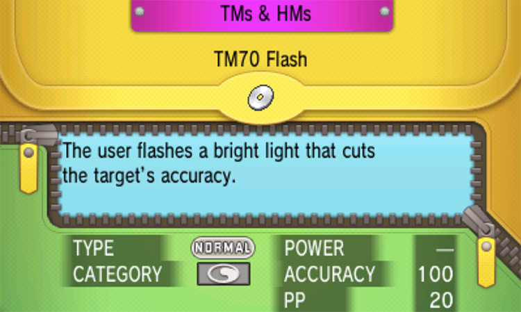 In-game details for TM70 Flash / Pokémon Omega Ruby and Alpha Sapphire