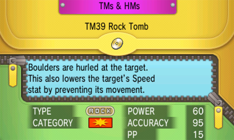 In-game details for TM39 Rock Tomb / Pokémon Omega Ruby and Alpha Sapphire