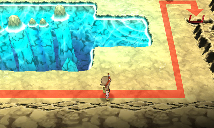 The ladder that leads to a lower floor in Meteor Falls / Pokémon Omega Ruby and Alpha Sapphire