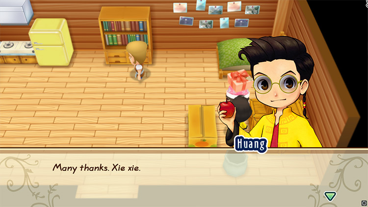 Huang’s response when the farmer gives him a liked gift. / Story of Seasons: Friends of Mineral Town