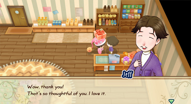 Jeff’s response when the farmer gives him a loved gift. / Story of Seasons: Friends of Mineral Town