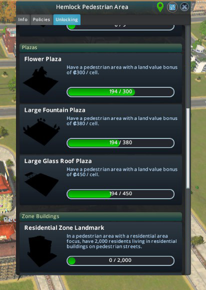 The Unlocking tab in the pedestrian area’s info panel. / Cities: Skylines