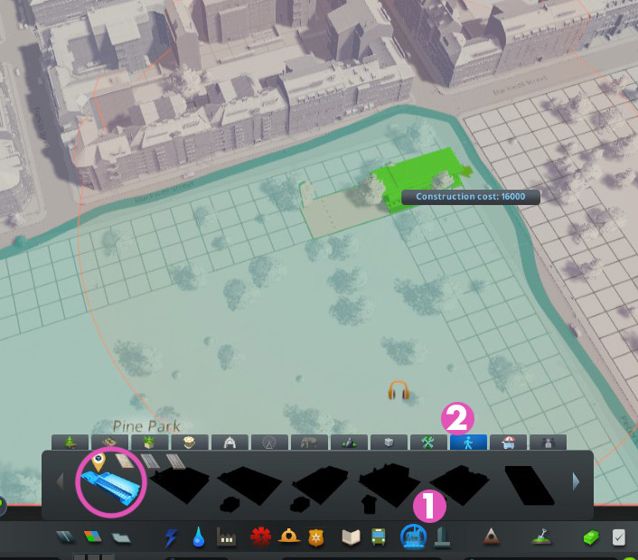 Build a service point by going to (1) Parks & Plazas then (2) Pedestrian Areas. / Cities: Skylines