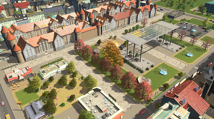 A pedestrian area with lots of parks and plazas, and the Old Market Street unique building (top of the screen). / Cities: Skylines