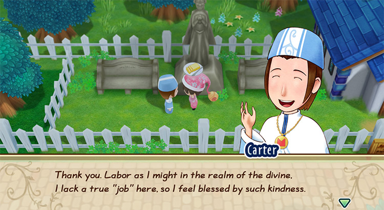 Carter’s response when the farmer gives him a loved gift. / Story of Seasons: Friends of Mineral Town