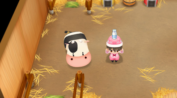 The farmer harvests milk from a regular cow. / Story of Seasons: Friends of Mineral Town