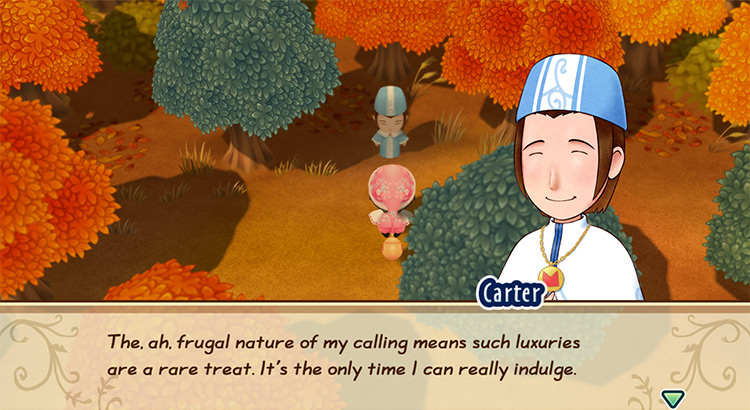 Carter shows the farmer his secret Mushroom area behind the Church. / Story of Seasons: Friends of Mineral Town