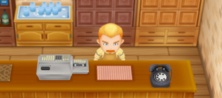 Dudley stands behind the bar counter at the Inn. / Story of Seasons: Friends of Mineral Town