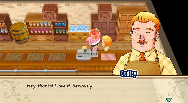 Dudley’s response when the farmer gives him a loved gift. / Story of Seasons: Friends of Mineral Town