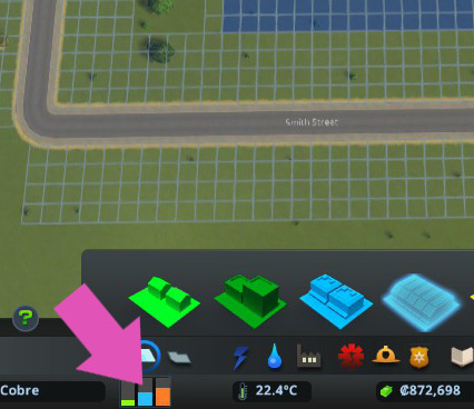 The blue bar indicates demand for commercial zoning. / Cities: Skylines