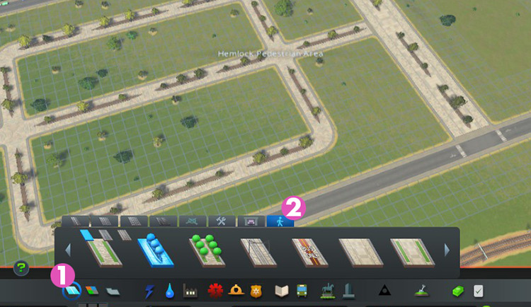 The pedestrian streets tab of the Roads menu. / Cities: Skylines
