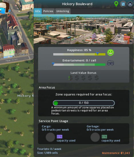 You can see the pedestrian area’s focus by clicking on its name on the map. / Cities: Skylines