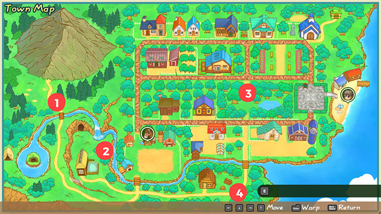 Interface of the Town Map with the forageable locations highlighted / SoS: FoMT
