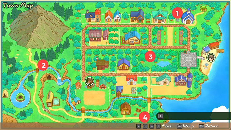 Interface of the Town Map with the forageable locations highlighted / SoS: FoMT