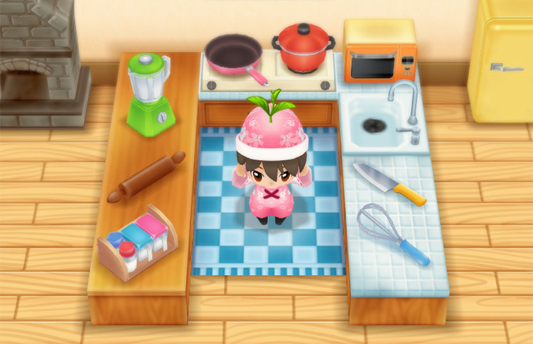 The farmer cooks Relax Tea Leaves in the kitchen. / Story of Seasons: Friends of Mineral Town