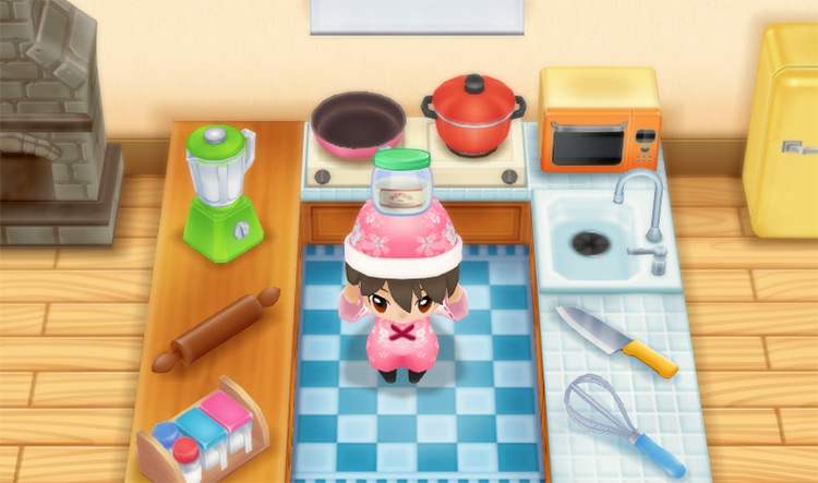 The farmer cooks Caffeine in the kitchen. / Story of Seasons: Friends of Mineral Town