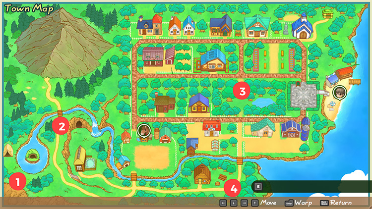 Interface of the Town Map with the forageable locations highlighted. / Story of Seasons: Friends of Mineral Town