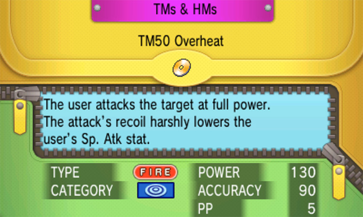 In-game details for TM50 Overheat / Pokémon Omega Ruby and Alpha Sapphire