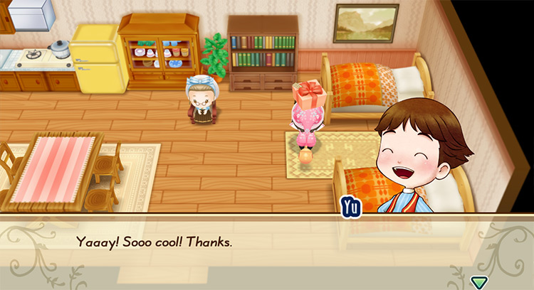 Yu’s response when the farmer gives him a loved gift. / Story of Seasons: Friends of Mineral Town