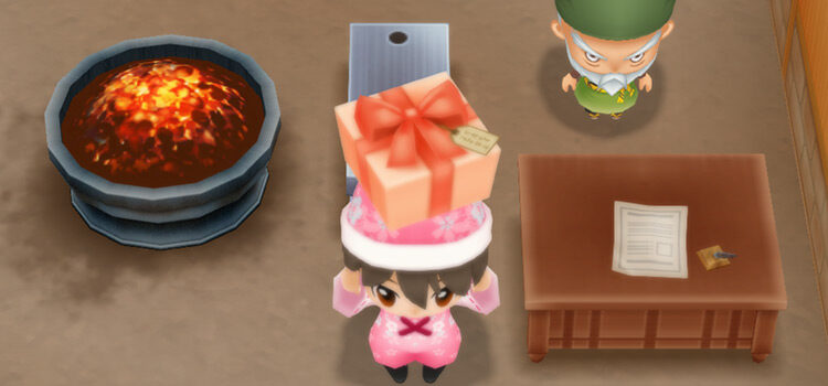 Holding a gift next to Saibara in Story of Seasons: FoMT