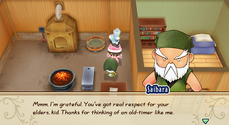 Saibara’s response when the farmer gives him a loved gift. / Story of Seasons: Friends of Mineral Town