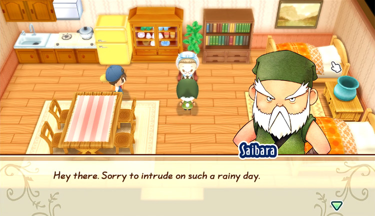 Saibara visits Ellen in her house on a rainy day / Source / Story of Seasons: Friends of Mineral Town