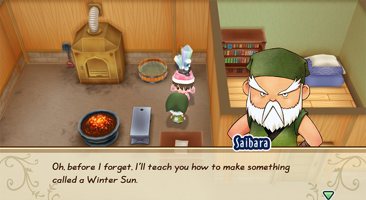 Saibara offers to teach the farmer the Winter Sun recipe / Story of Seasons: Friends of Mineral Town